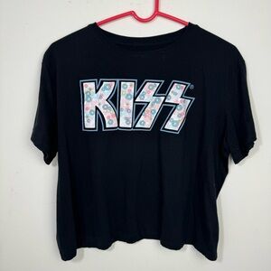 KISS Embroidered flowers logo Cropped T Shirt Size S, M Black
